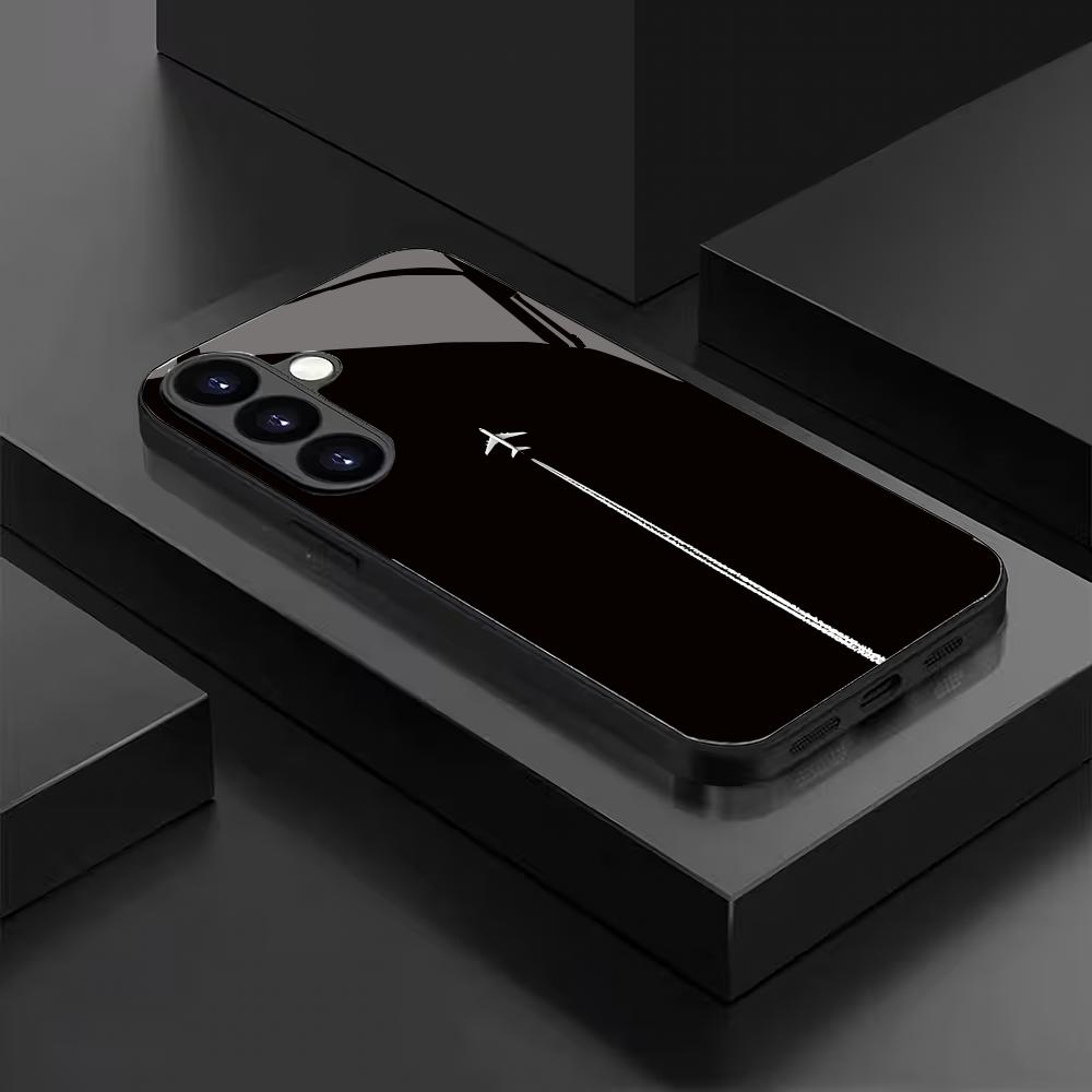 Minimalist Airplane Tempered Glass Phone Case Suitable for Samsung Galaxy S26 S25 S24 S23 S22 S20 FE/Ultra/Plus Anti Fall