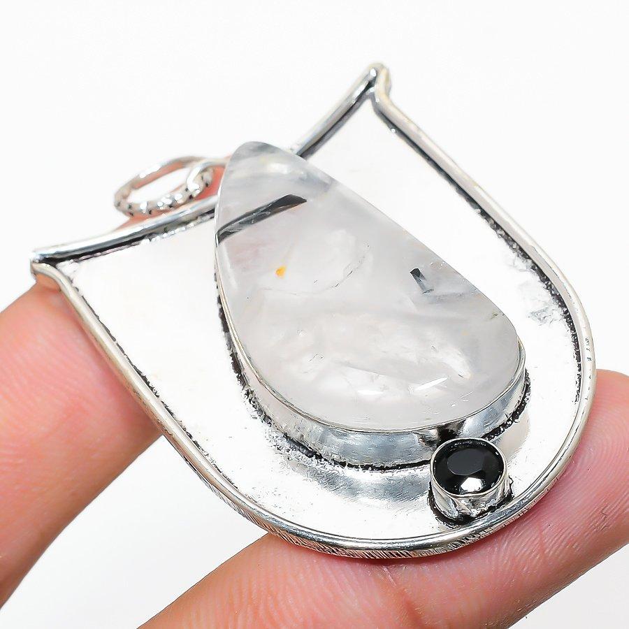 

Natural Black Rutile, Spinel Gemstone 925 Sterling Silver Pendant 2.05 U1o36