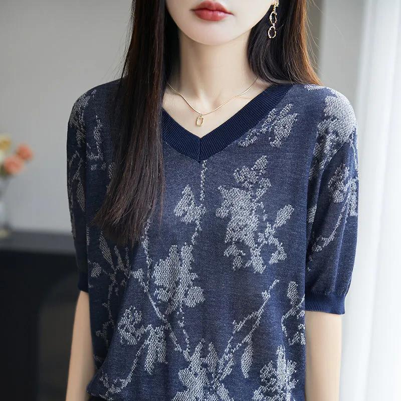 Spring New All Match Cardigan Jacquard V-neck Short Sleeve Knitted Shirt Summer Thin Bottom Vintage Short Sleeve Classic Top