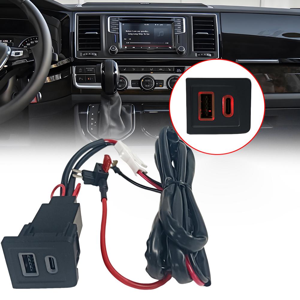 USB C Car Charger Dual USB PD+QC3.0 Phone Charge Power Adapter Outlet Quick Charging Auto Phone Adapter for VW Multivan T5 03-15