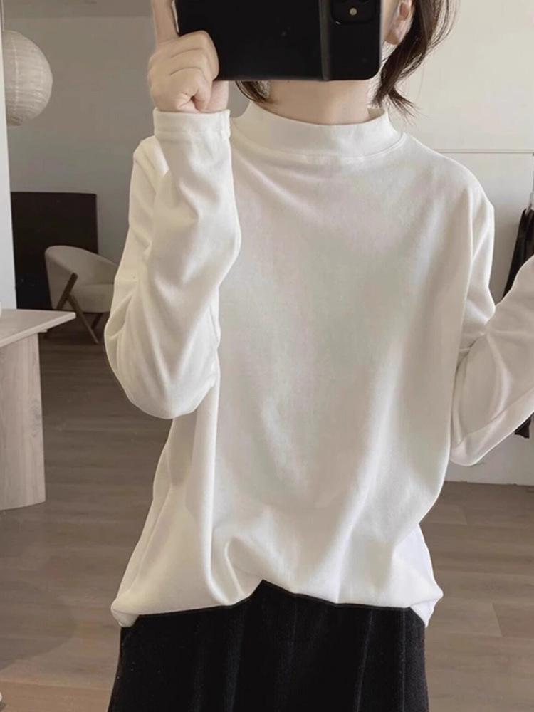 Apricot Soft Sticky Half-High Neck Women's Oversized Long-Sleeve Base Layer Top - Autumn/Winter European Style.