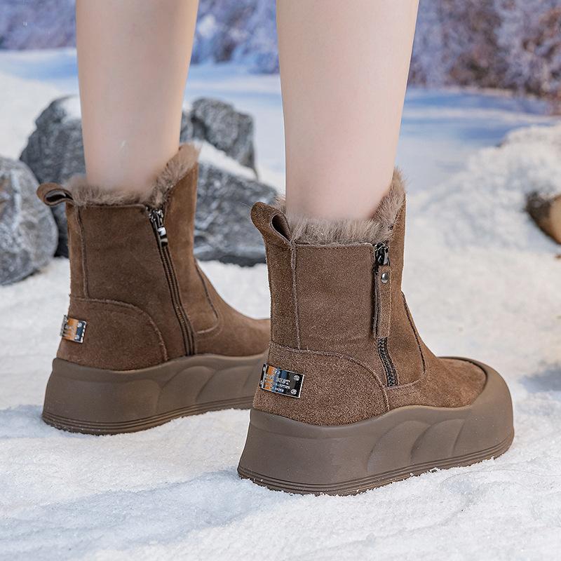 Botas de neve femininas plataforma grossa com zíper lateral, botas de inverno quentes de camurça com forro de pele sintética, botas de caminhada confortáveis e antiderrapantes para mulheres
