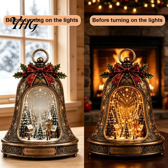 Indoor Christmas Village Accessories Infinity Bell Ornament, Vintage Glowing Rotating Snow Scene Decor Story Oriented Home Decoration with Angel