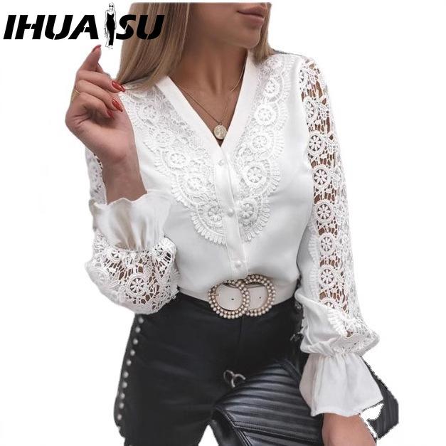 IHUASU Dámská móda Ležérní jednobarevné halenky a košile s dlouhým rukávem