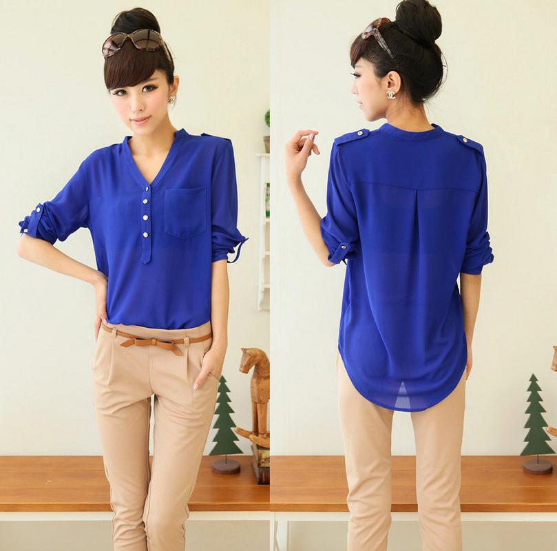 Women Spring Summer V-neck Chiffon Elegant All-match Solid Botton Casual Spirals Shirt Blouse