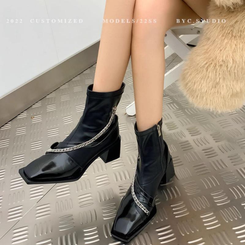 Luxury Designer Retro Chelsea Boots for Women High Quality Square Toe Zipper Fall and Winter Women's Slim Booties High Heels