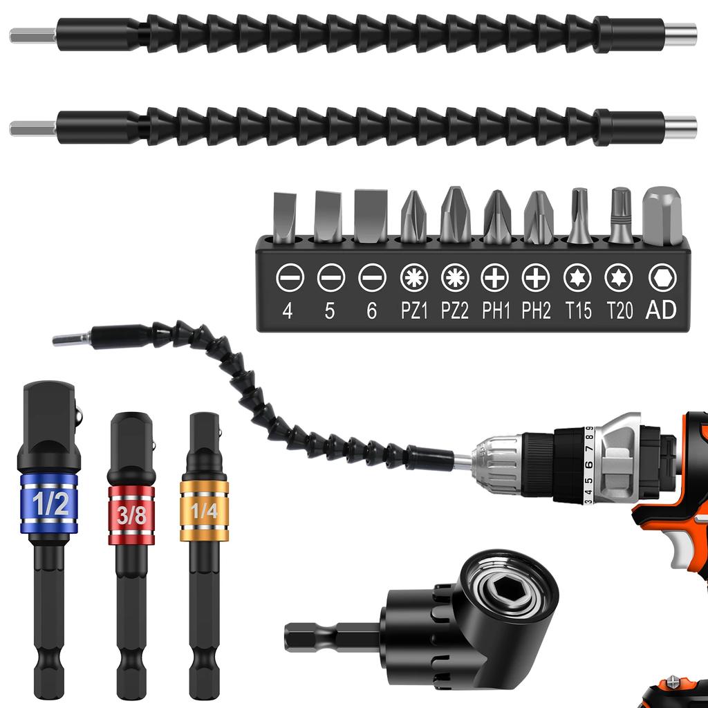 360 Degree Angle Socket Adapter Drill Nut Attachment Power Hand Tool Part Driver Extension Set Screwdriver Holder Flexible Drill