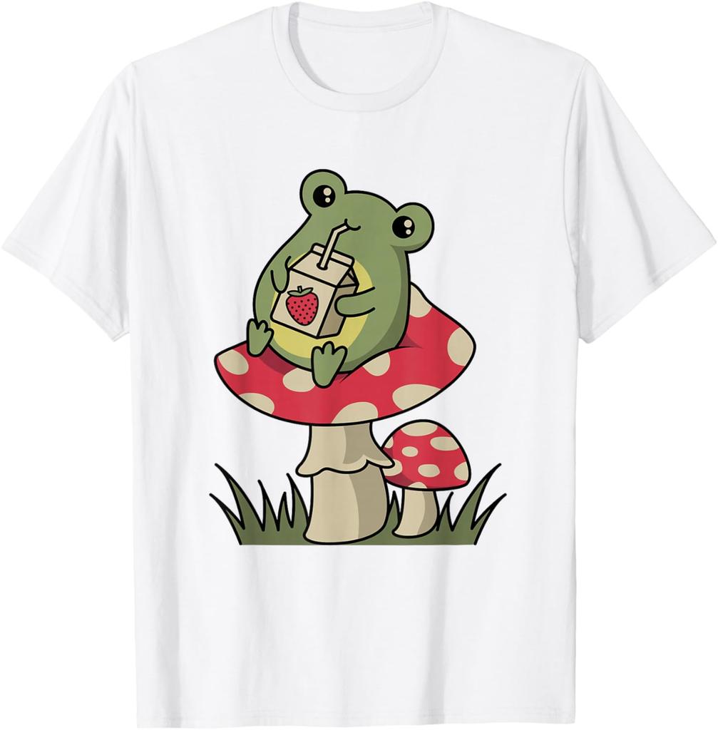 Cottagecore Frog Drinking Strawberry Milk Mushroom Graphic Tee Soft Casual Cotton T-Shirt for Unisex