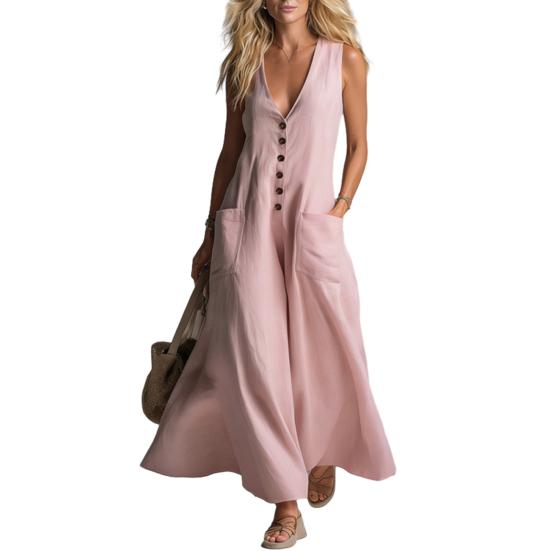

Женское длинное платье с V-образным вырезом, летнее, без рукавов, А-силуэта, расклешенное, повседневное, на пуговицах, струящееся, пляжное платье-сарафан с карманами XXL розовый