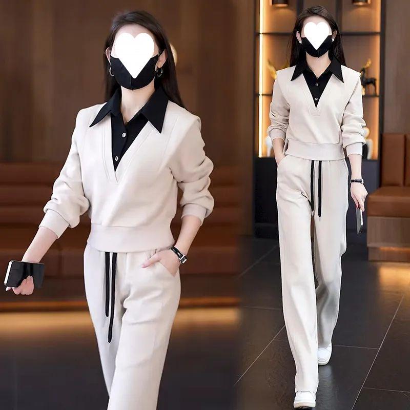 Mamba Spring and Autumn Fashionable Casual Design Fake Two-piece Tops Wide-leg Pants Two-piece Set