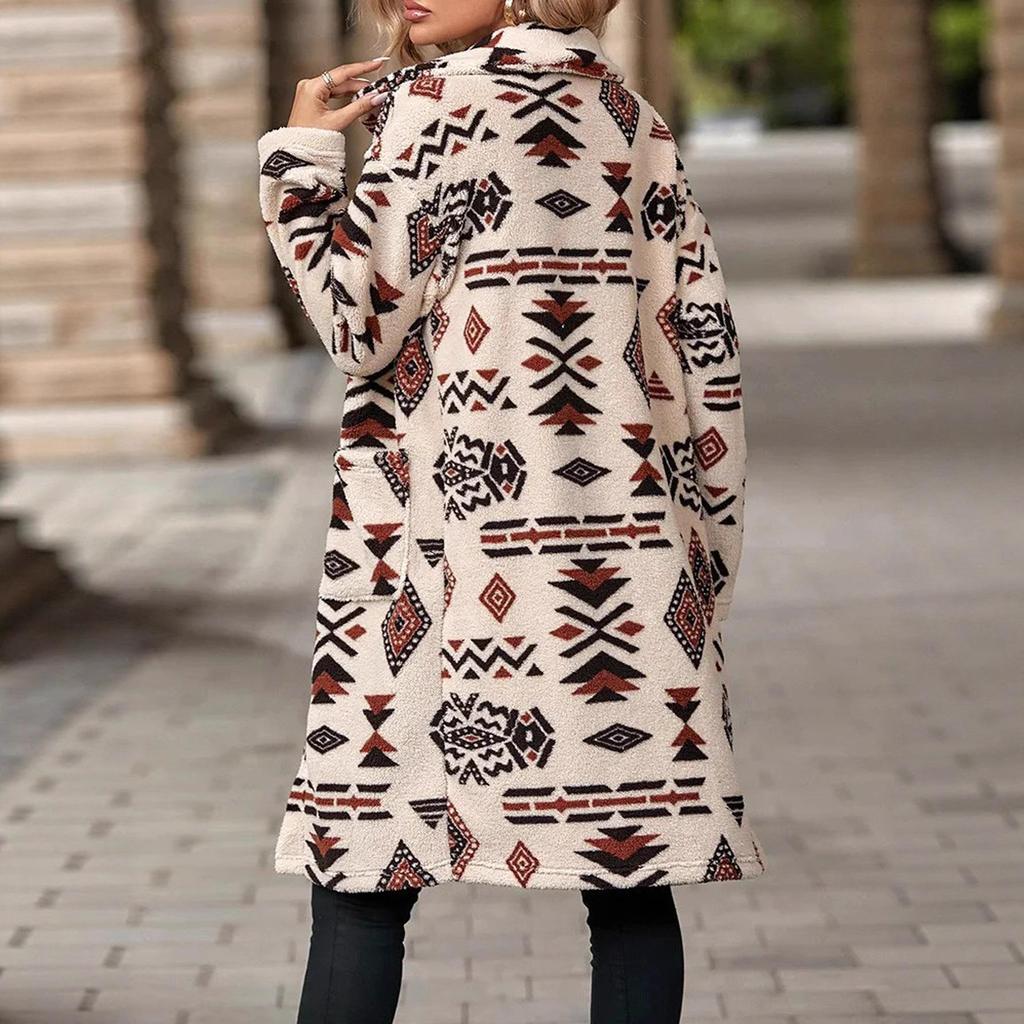 Women's Overcoat Jacket European American Style Single-breasted Ethnic Printed Fleece Long Length For Autumn Winter
