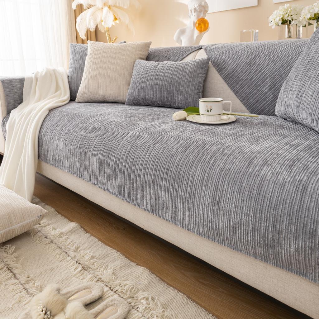 Simplized Solid Thick Non-Slip Chenille Sofa Cushion Cover, Geometric Line Design Universal Sofa Cushion Cover Four Seasons