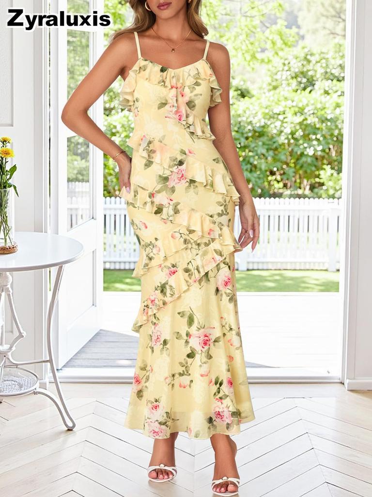 New Women's Summer Beach Floral Ruffled Bodycon Evening Dress with Peony Long Skirt