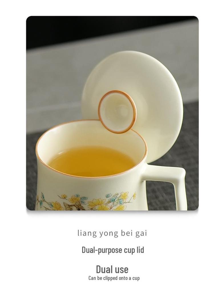 Beige Ru Ware Ceramic Tea Cup with Cute Kitten Design and Lid, Gift Boxed