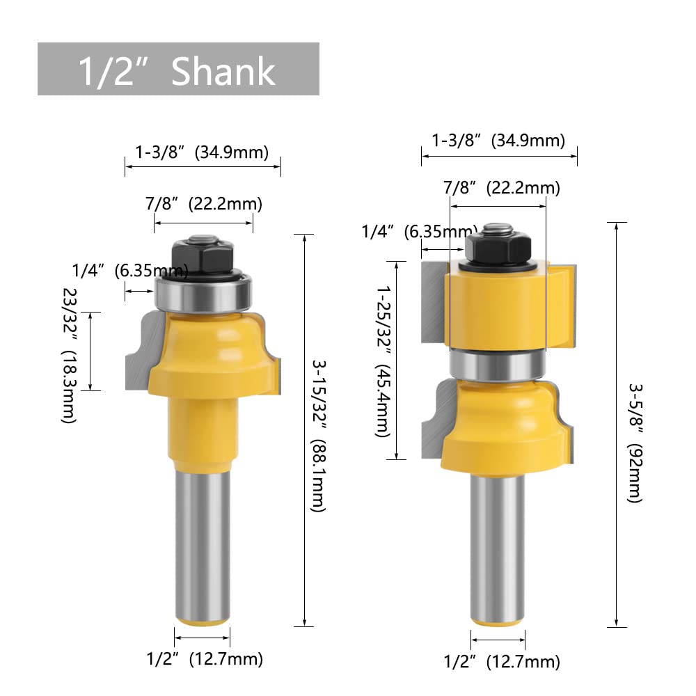 Router Bits-2pcs Rail and Stile Router Bit Set, 12mm 12.7mm Shank Window Sash Router Bit Reversible Window Sashand Door Woodworking Milling Cutter (