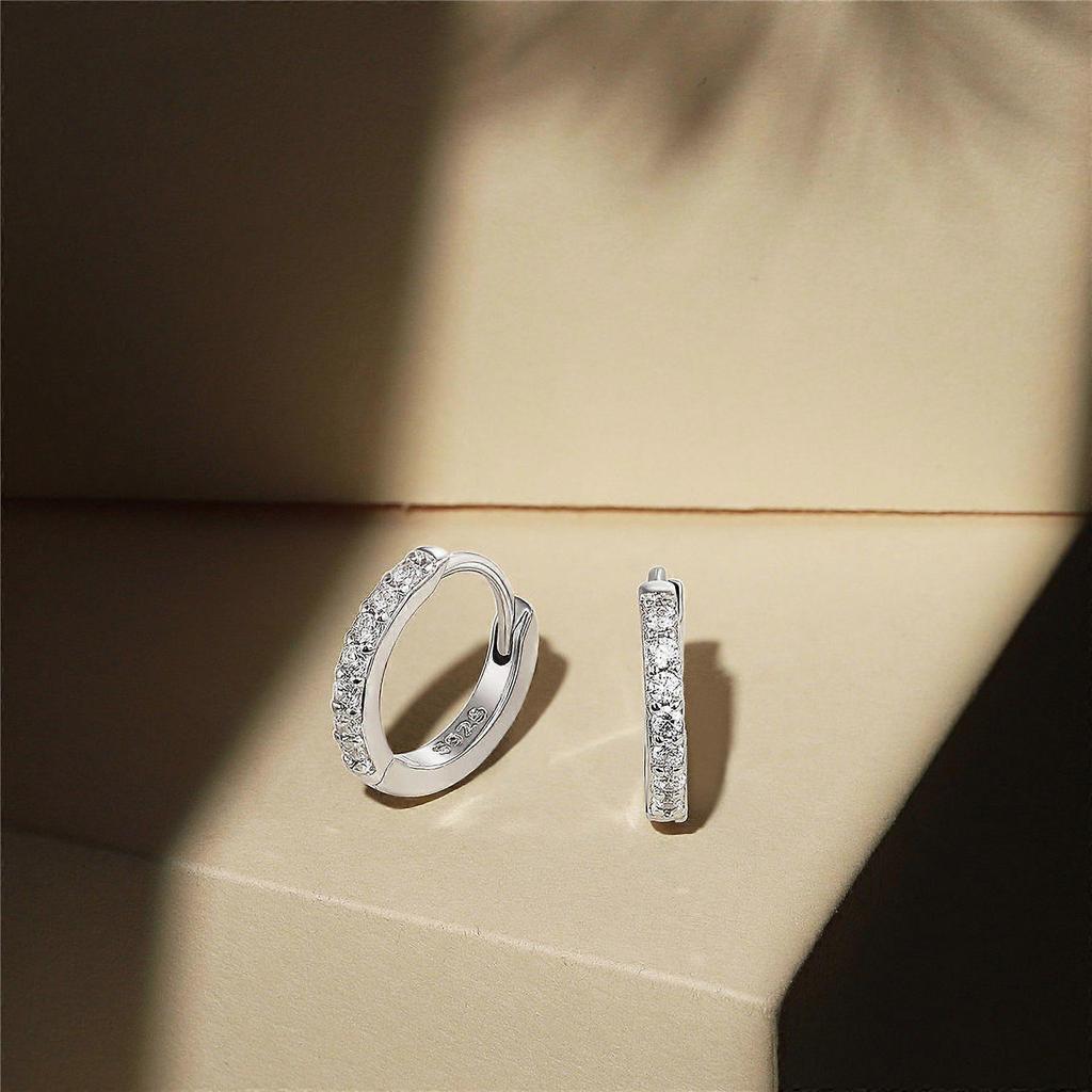 1Pair Rhodium Plated 925 Sterling Silver Huggie Hoop Earrings Hypoallergenic Earrings with Grade AAA Cubic Zirconia Ring Platinum 13x2mm