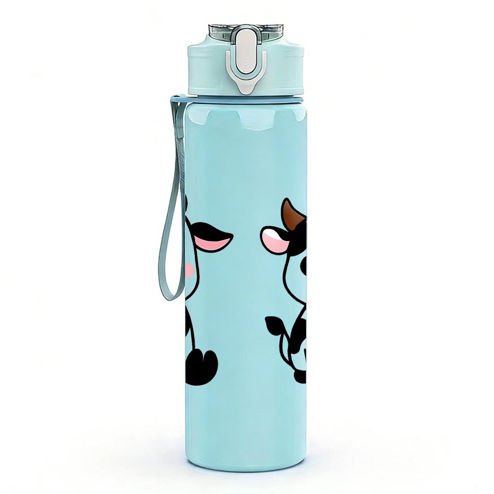 1PC Twin Cow Farm Animal Cartoon Pattern 750ml Color Plastic Sports Water Bottle Leakproof Flip Straw Lid Suitable for Sports Office Home Use