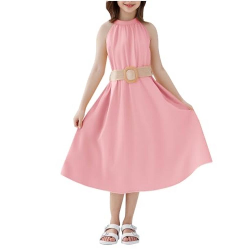 Girls Casual -Neck Sleeveless Waist-defined One-Piece Dress