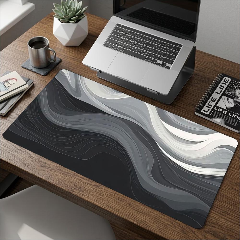 Desk Mat Modern Black Grey Marble Wave Print Stitched Edge AntiSlip Rubber Base Mouse Pad For Gaming Working Home Office