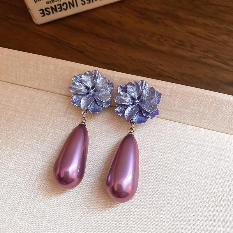 Super Flash Diamond Purple Flower Pearl Stud Earrings French Earrings