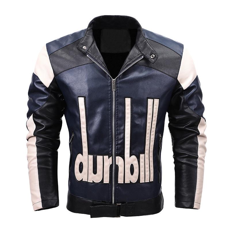 Autumn and Winter New Men's PU Leather Jacket Thin Locomotive Leather Jacket Trendy Color Matching and Velvet Men's Coat