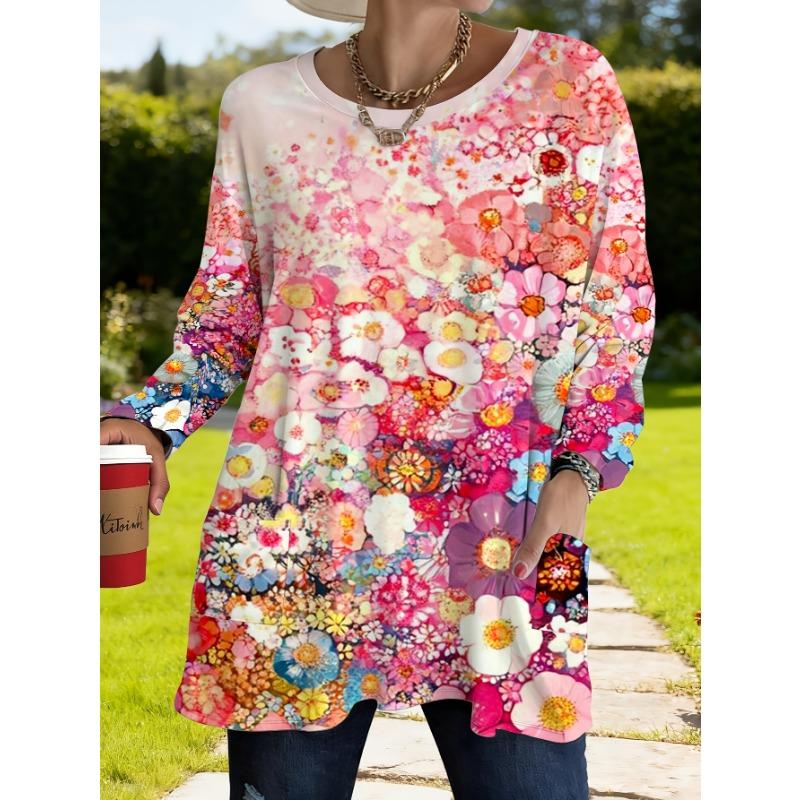 Women s Large Size Spring Floral Loose Long Sleeve Dress with Pockets Women s Large Size Printed Casual Fashion Top S