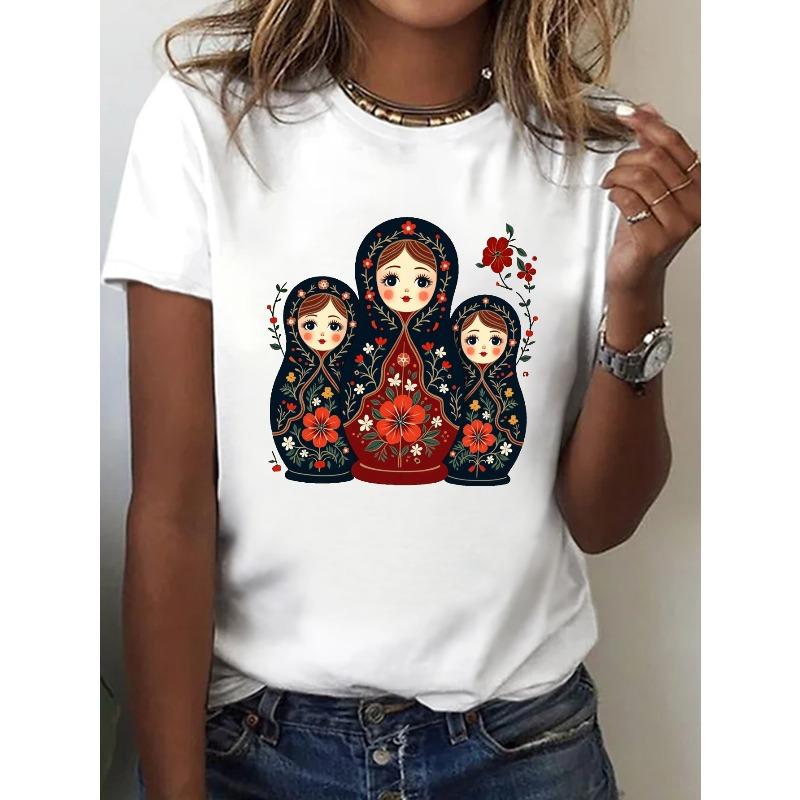 Martrium Women's Russian Matryoshka Dolls Print T-Shirt Casual Crew Neck Short Sleeve Summer Top