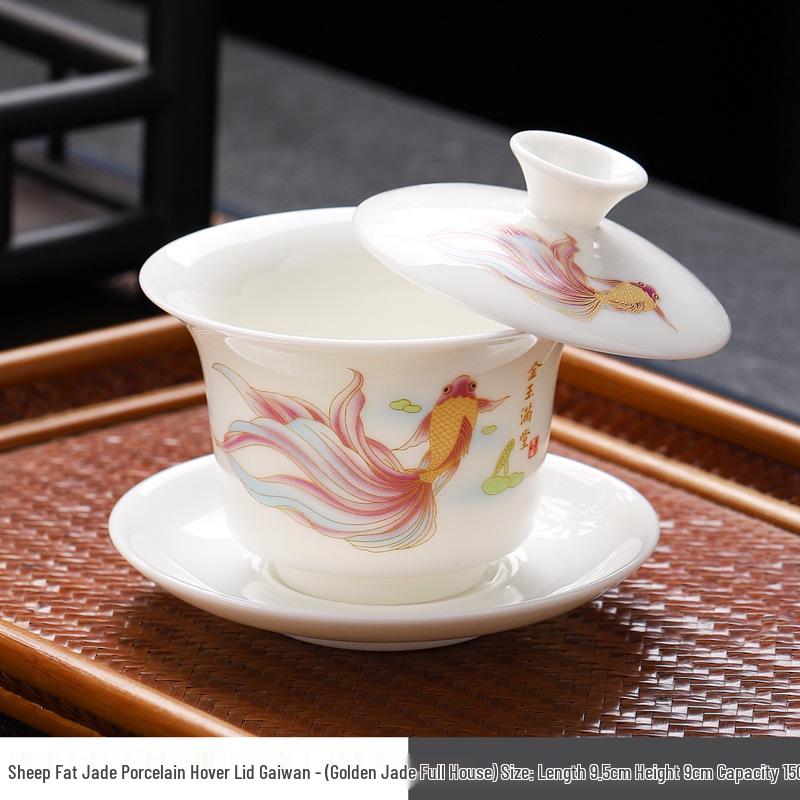 Sheep Fat Jade Porcelain Rotating Gaiwan High-End Ceramic Gongfu Tea Set