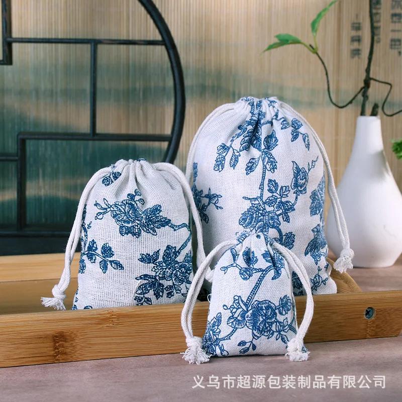 10pcs/lot Linen Drawstring pocket Cute Pattern Printed DIY wedding Candy Storage Bag Travel Makeup Cloth Shoes Sundries Storage