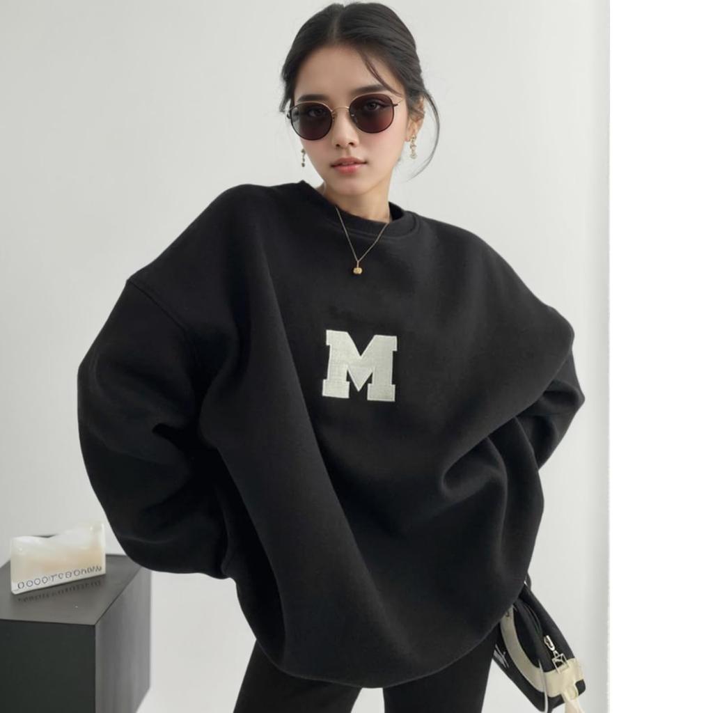SeiunAn Logo Pullover Long Plus Sizes Loose Crew Long Sleeve Korean English Back Print Women's Sweatshirt, Hoodie, Sleeve, Lightweight,