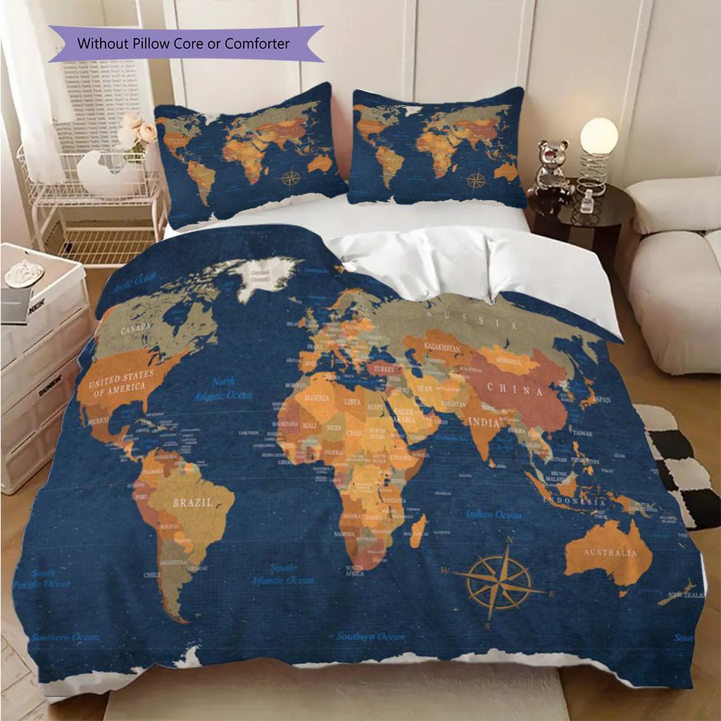 Vintage World Map Artistry Bedding (1 * duvet cover + 2 * pillowcase, without core) 2D Flat Christmas birthday gift Soft and comfortable Bedding set
