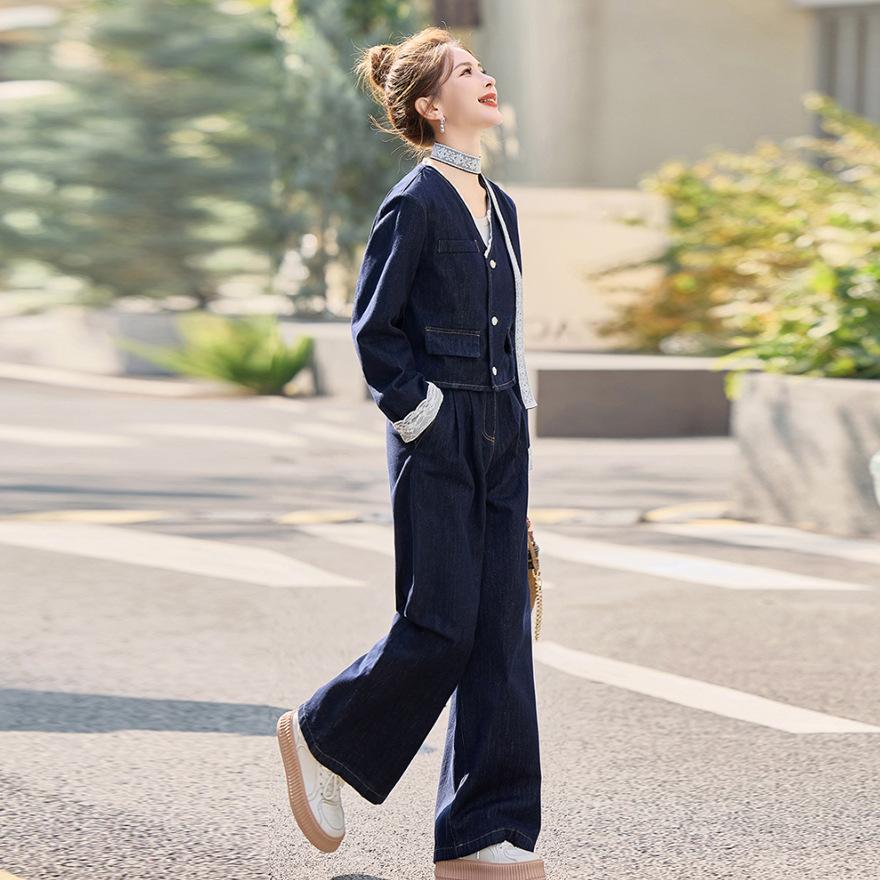 Denim suit women's spring and autumn new fashionable temperament design sense temperament fried street wide-leg pants two-piece set