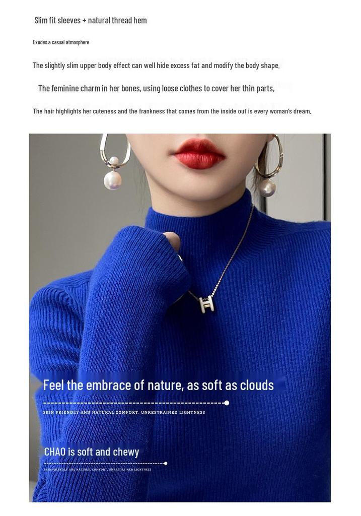Korean Style Slim Fit Ribbed Knit Sweater - Women's Long Sleeve Half High Collar