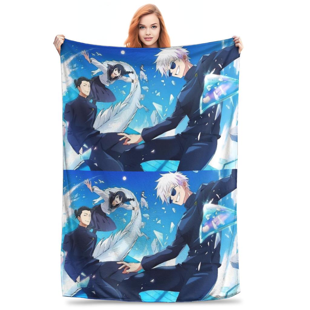Flannel Throw Blanket Gojo Satoru Anime Jujutsu Kaisen Warm Plush Blankets Soft Bedding for Bed Living Room Home Picnic Couch