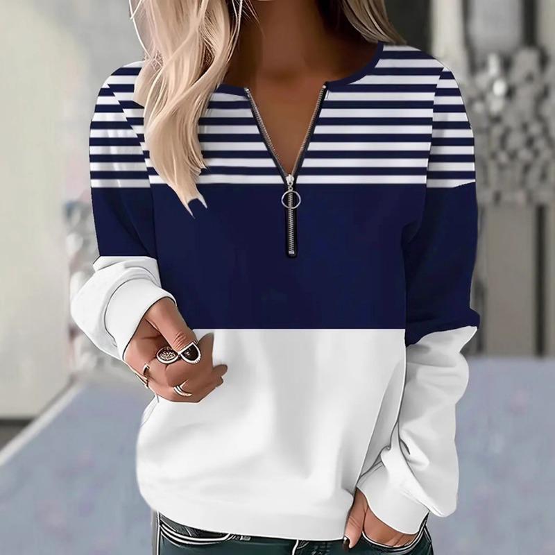 Women Casual Long Sleeve T Shirt Autumn Winter Fashion Striped Print Shirts Casual Zipper Pullover Loose