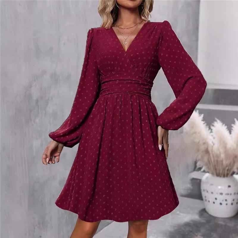 Neues Damen-Jacquard-Unterkleid mit V-Ausschnitt und Laternenärmeln, Langarm-Taille, Eleganter Stil, Schlichter, lässiger langer Rock