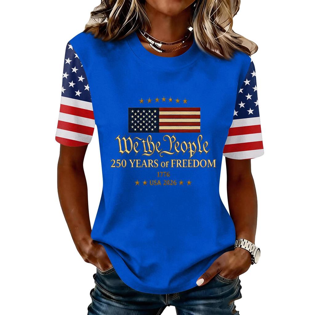 Blusa Feminina da Moda Casual de Manga Curta com Estampa e Gola Redonda