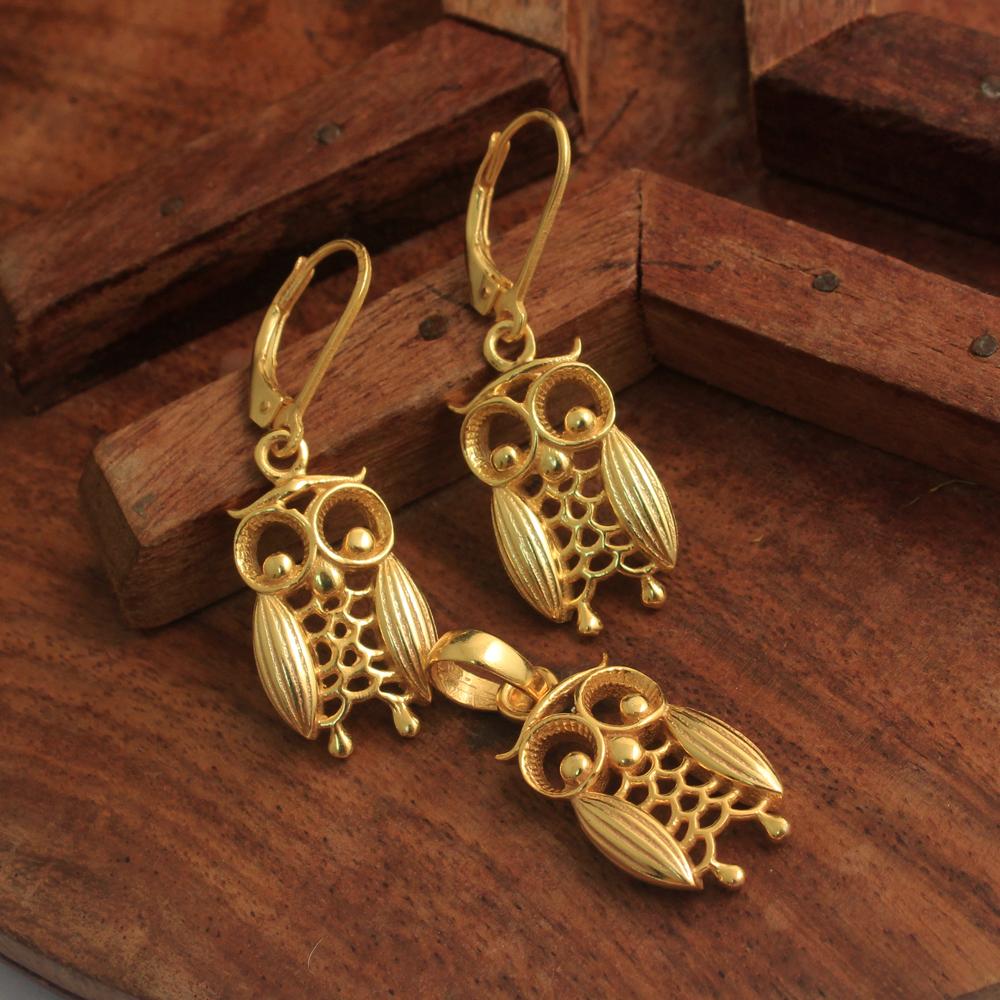 Silver Charm Jewelry Yellow Gold Plated Owl Pendant Earring 100% 925 Sterling Silver Jewelry