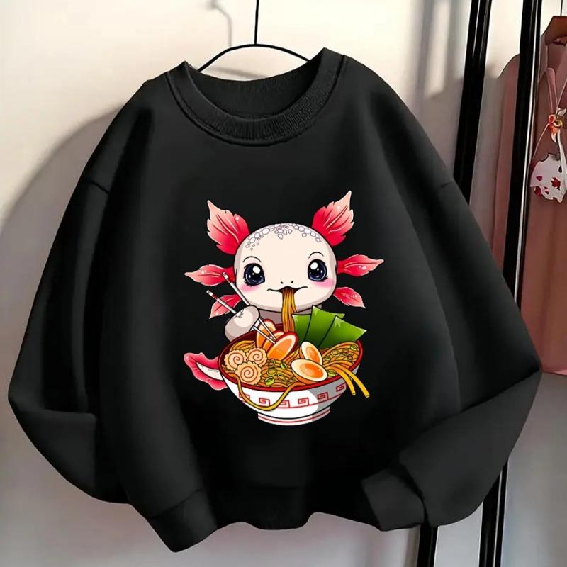 Kids Crewneck Sweatshirt, Cute Axolotl Eating Noodles Graphic Print,Spring Autumn Casual Sport Tops