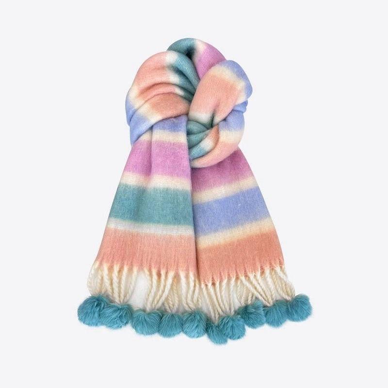 Mohair Rainbow Striped Scarf for Women Winter New Thickened Student Warm Shawl Versatile High End Fur Ball Scarf