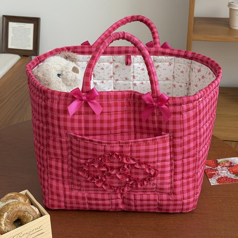 Vermilion Plaid Storage Basket with Stone Handles, Ins Style Portable Organizer for Bathroom Laundry & Sundries