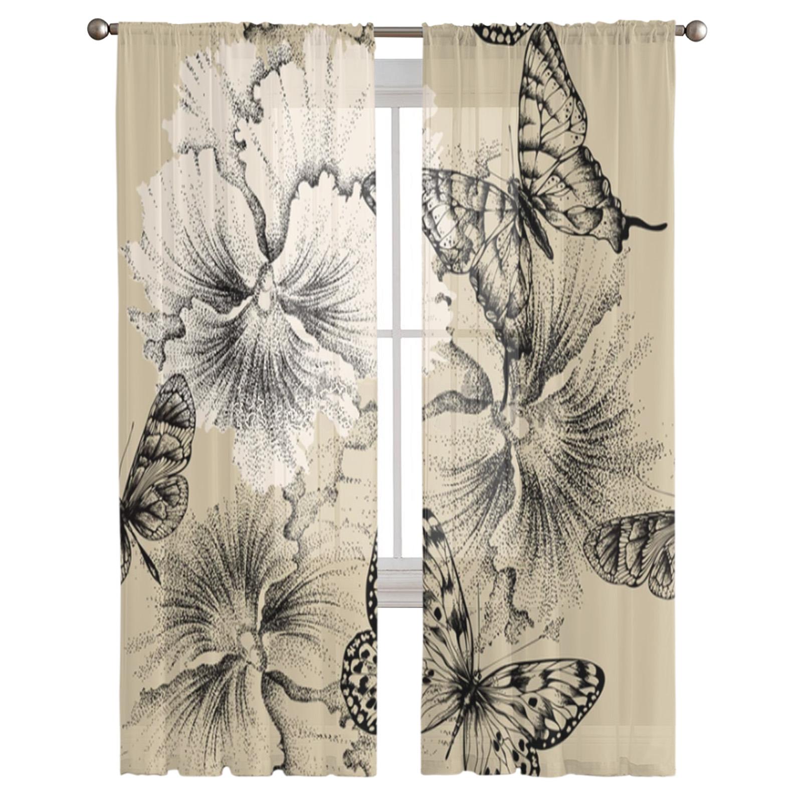 Ретро прозрачные шторы с бабочками и цветами для гостиной — фото 3