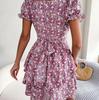 Sommerliches Blumenkleid für Damen Quadratischer Ausschnitt Kurze Ärmel Schnürung Temperament Frühling S-XL