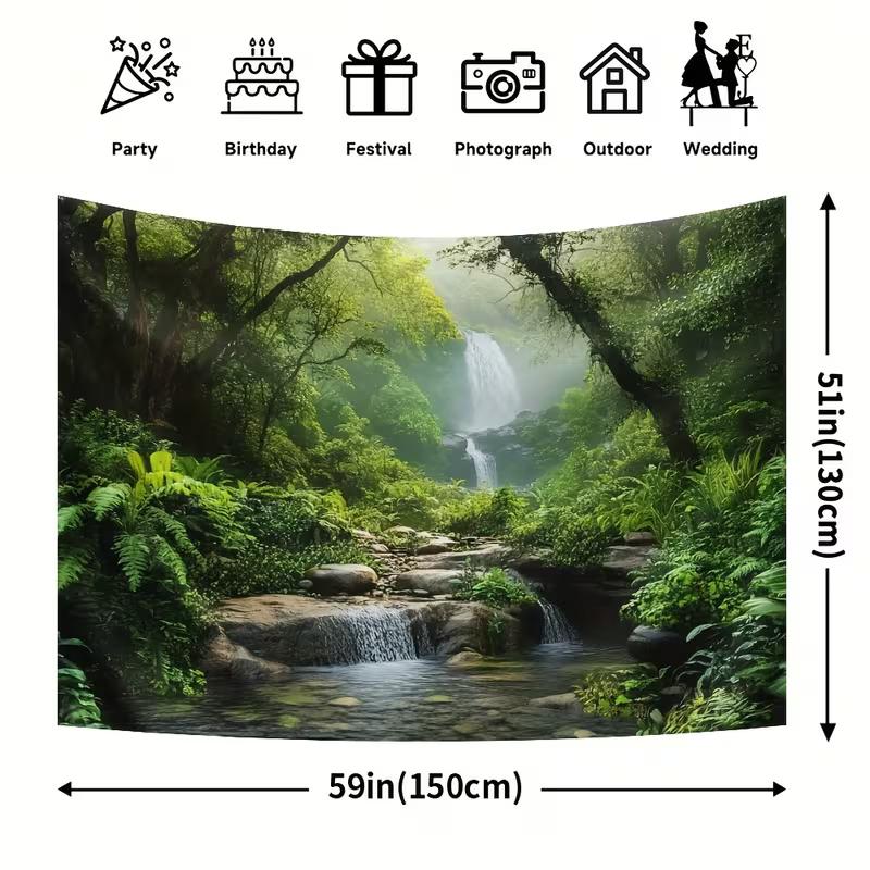 2D Lush Jungle Waterfall Tapestry Misty Stream Backdrop Cloth for Living Room