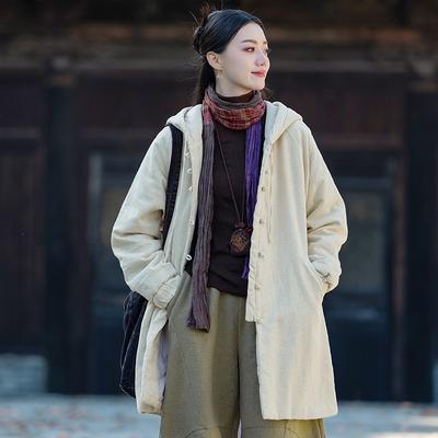 Damen Vintage Kapuzenmantel mit Knöpfen im chinesischen Stil Winter Einfarbig Langärmelig