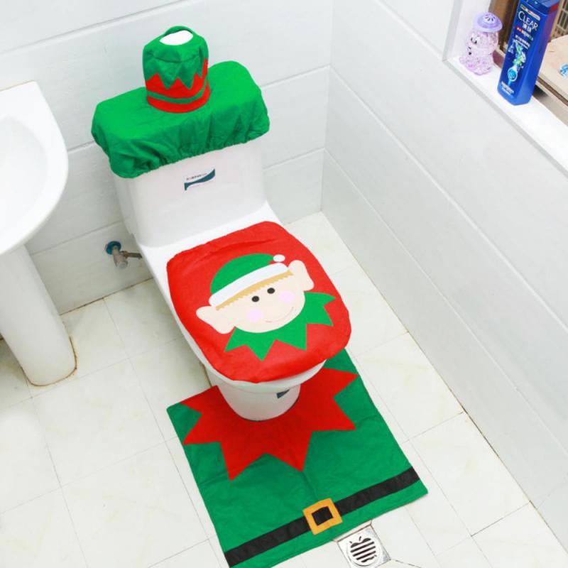 3-Piece Set Christmas Toilet Seat Cover - Santa Claus Snowman Toilet Cover Set - Floor Mat, Tank Lid Cover, Tissue Holder