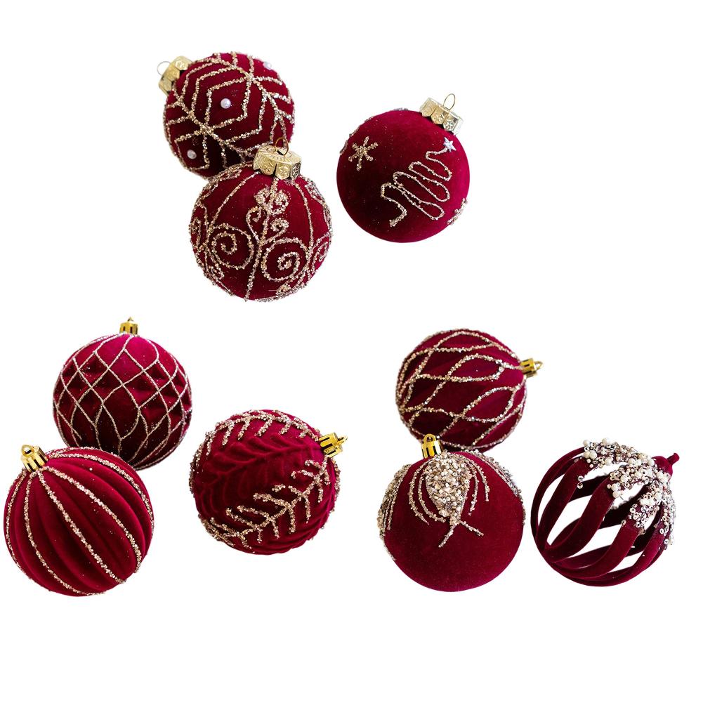 3pcs 8cm Wine Red Flocked Christmas Ornaments Christmas Tree Decorations Plastic Christmas Ball Festive Party Supplies For Home