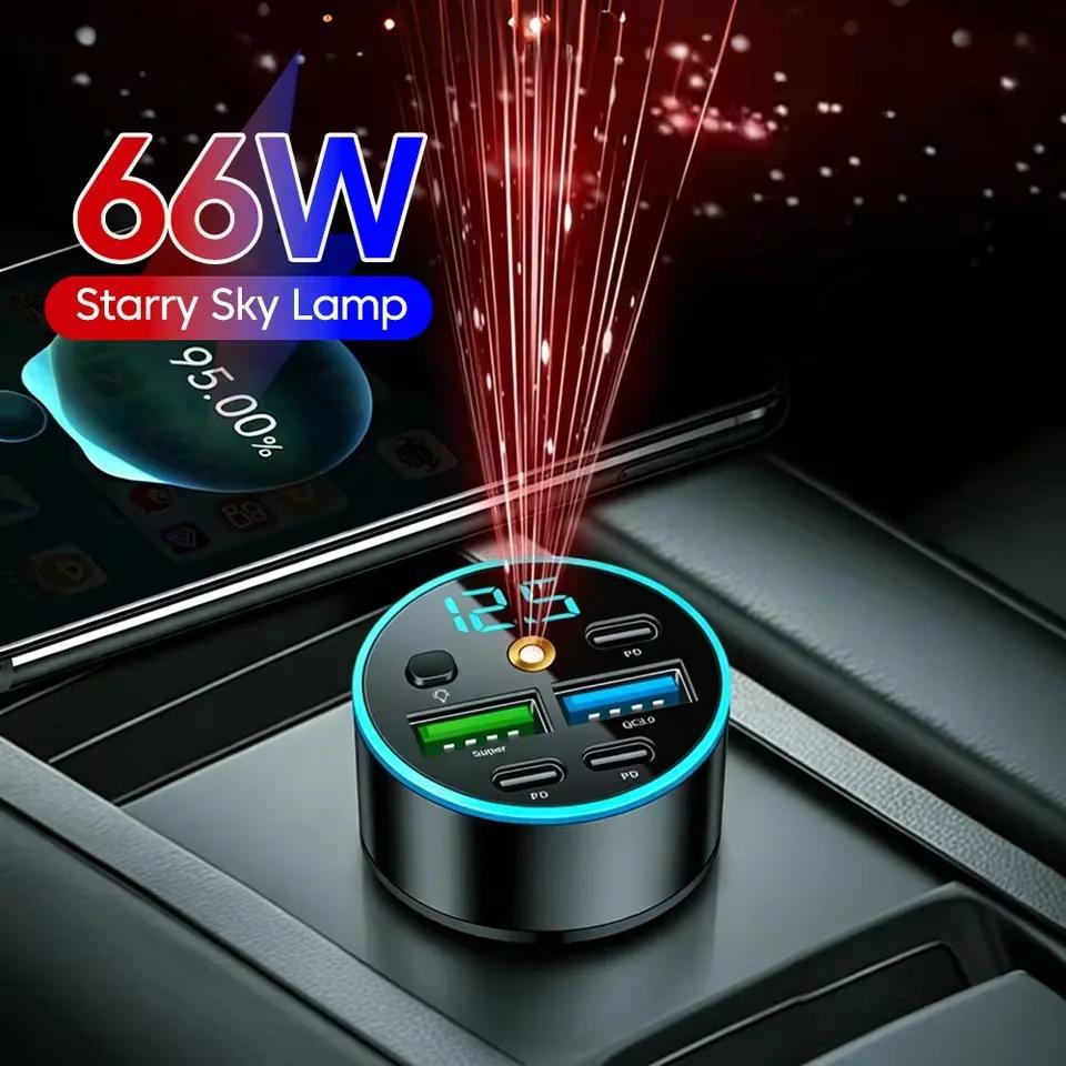 66W 5-Port Car Charger PD QC3.0 Fast Charging Car Cigarette Lighter Adapter with Digital Voltage Display, Star Laser Projector & RGB Ambient Light