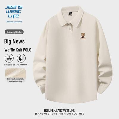 JEANSWEST LIFE Men's Loose Waffle Knit Long Sleeve Polo Shirt