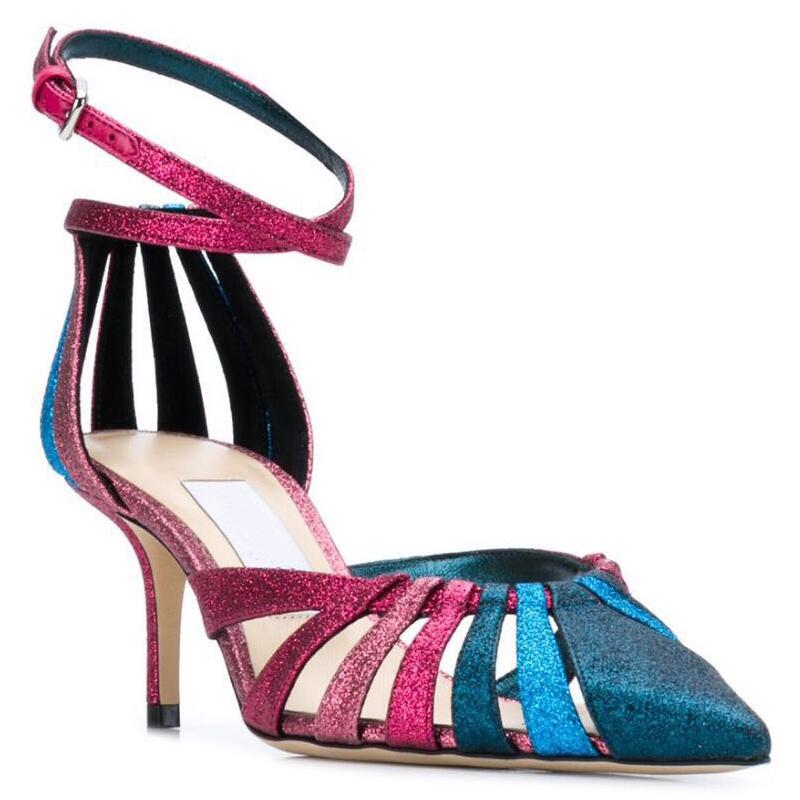 

New Summer Pointed Toe Women Sandals Mixed Colors Buckle Strap Comfortable Shoes Women Fashion Sexy Thin Heels Women Shoes